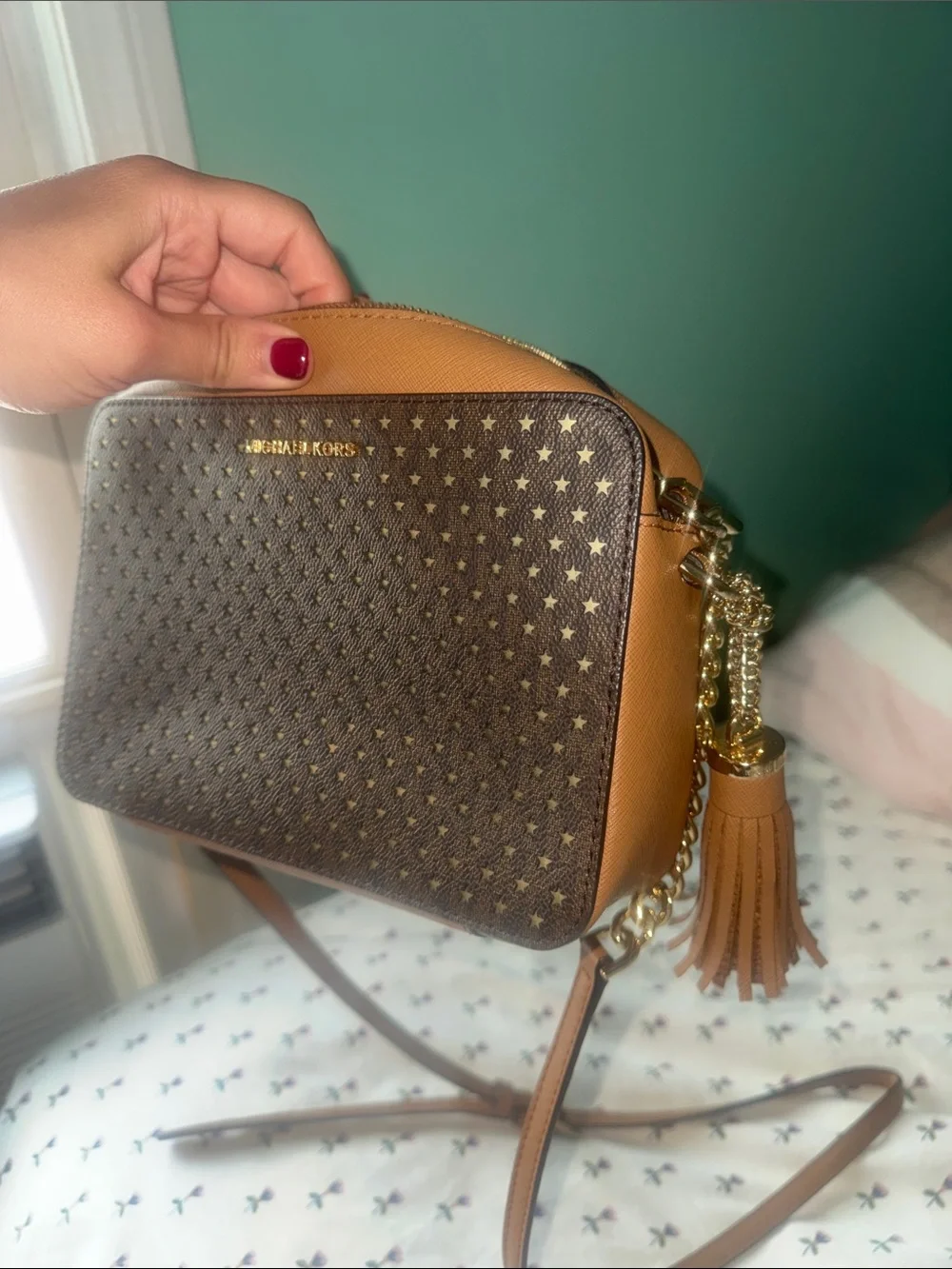 Michael Kors Brown Crossbody with Gold Star Studs